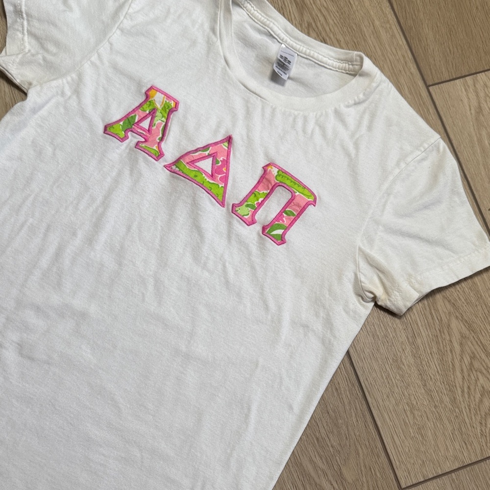 Alpha Delta Pi-ADPi Sorority Pink Floral Embroidered Lettering T-Shirt|go Greek